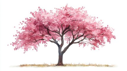 Obraz premium Watercolor painting of a blooming flower tree side view isolated on white background for landscape and architecture drawing elements