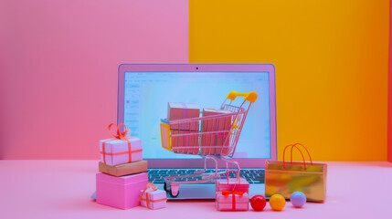 Colorful online shopping experience with gift boxes and a shopping cart on a laptop
