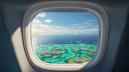 Airplane window view of tranquil tropical lagoon and coral reef aerial serene ocean environment