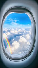 Airplane window view of lush rainbows above fluffy white clouds uplifting travel scene whimsical sky perspective