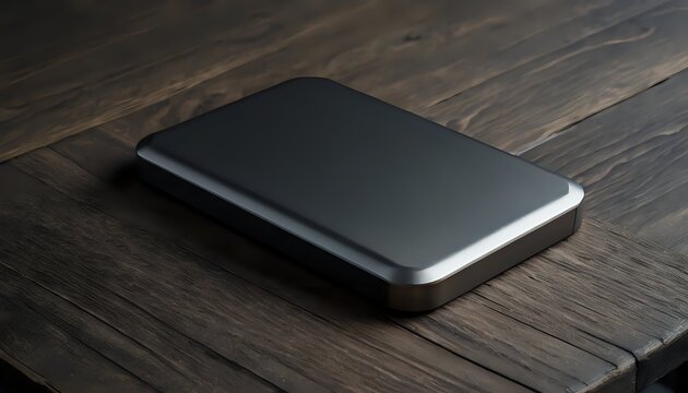 Sleek Dark Grey External Hard Drive on Rustic Wood