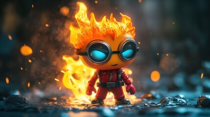 Incredibly detailed and dynamic action figure of a powerful superhero character engulfed in a raging inferno of fiery energy flames and explosive sparks creating an intense captivating