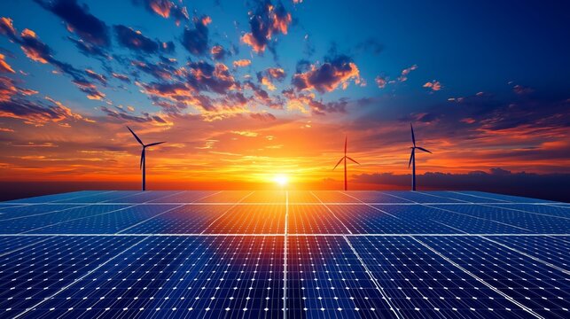 Sunset over solar panels and wind turbines, showcasing renewable energy sources for sustainable and eco-friendly net-zero solutions.