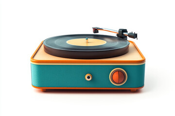 Fototapeta premium vintage record player with retro color scheme, featuring black vinyl record and stylized design