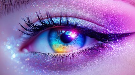 A close-up of an eye with long lashes, the iris glowing with vibrant colors, surrounded by soft, warm light that creates a dreamy reflection and detailed shadows around the eye.