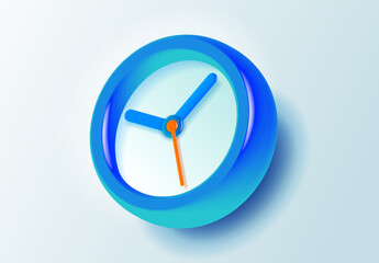 Clock icon in 3d vector style, with glass glow effect. Blue time on light background. Color watch. Design element for you modern project
