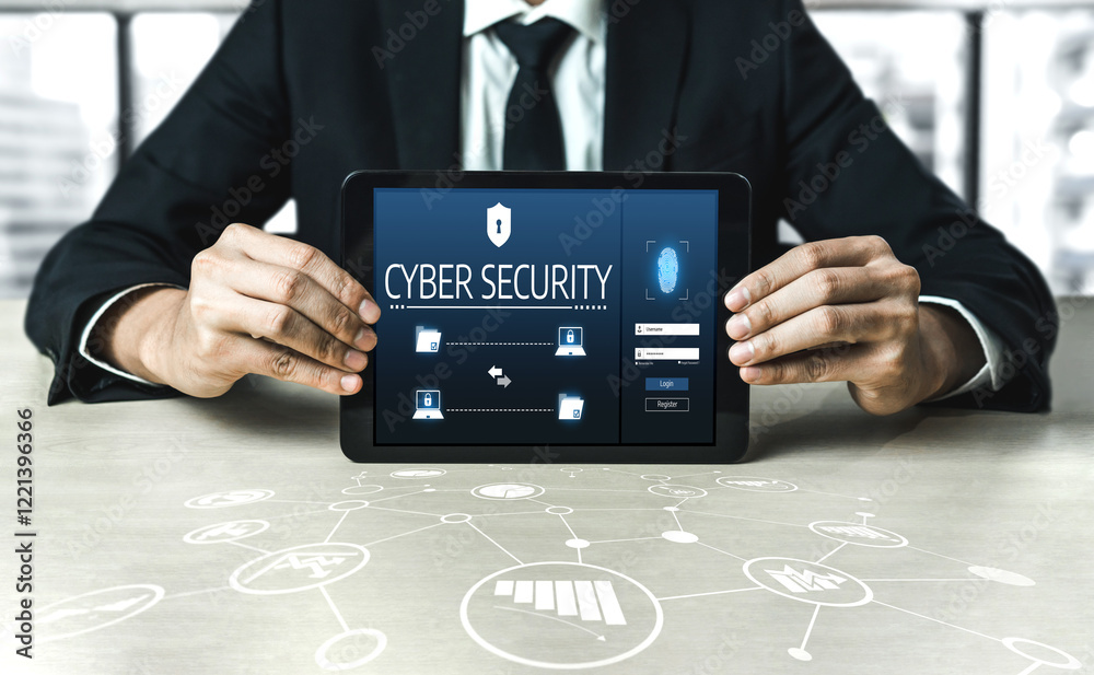 Poster cyber security system on computer screen protect private information snugly from hacker and cyber at