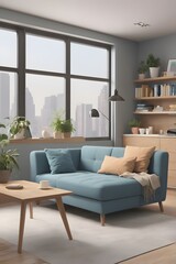 Fototapeta premium Large open concept living room with multiple expansive windows with view to garden landscaping comfortable furniture tv recliner electric fireplace hardwood floor white interior houseplant area rug