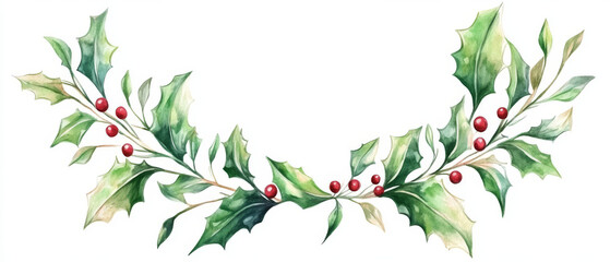 Fototapeta premium Lush green holly leaves with red berries create festive garland design