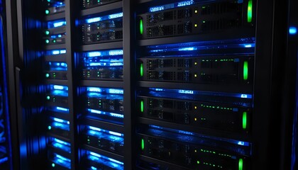 Illuminated Server Racks: A Digital Metropolis in Blue and Green