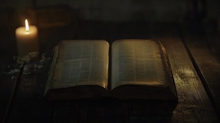 An old open book sits on a wooden table next to a lit candle in the dark