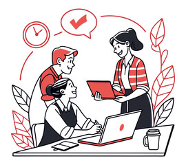 One line art group business team meeting and working collaboration in office workplace concept. flat vector illustration set cartoon character design concept