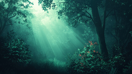 Mystical Sunbeams Breaking Through Forest Trees Creating Magical Atmosphere in Green Woods