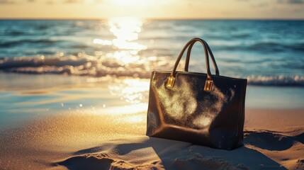 Leather Bag Resting on Sandy Beach During Sunset With Vibrant Sky and Gentle Waves in the Background, Creating a Serene Atmosphere of Relaxation