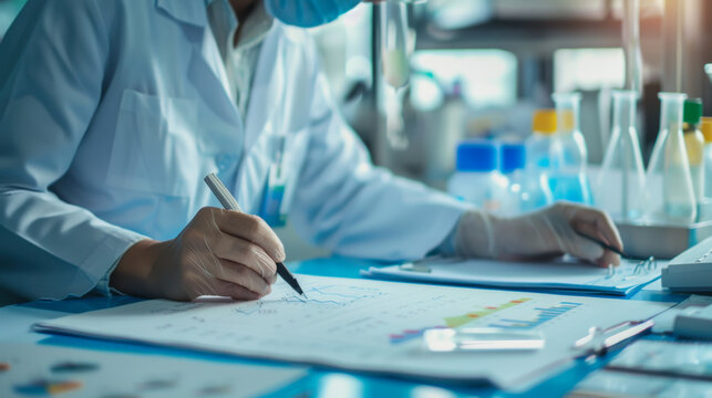 Scientist conducting research and documenting results in laboratory setting