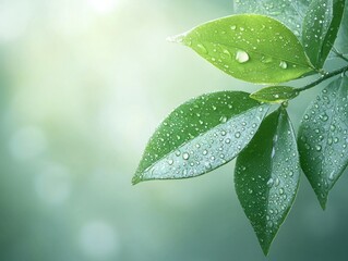 Fototapeta premium Dew-kissed leaves, sunlit forest, nature backdrop