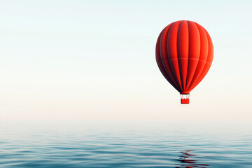 Fototapeta premium vibrant red hot air balloon floats gracefully above calm waters, creating serene atmosphere
