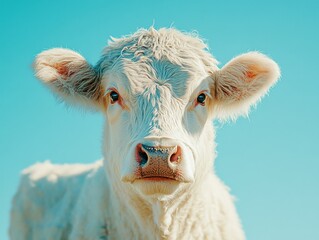 Obraz premium Close-up Portrait of a Young White Calf Against a Bright Blue Sky, Highlighting Soft Fur and Expressive Eyes, Ideal for Agriculture and Animal Themes