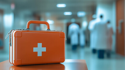 Orange first aid kit on a table in a hospital corridor with medical staff in the background during daytime
