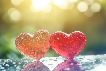 Obraz premium Two heart-shaped candies are placed together on a table, symbolizing love and affection for Valentine's Day.