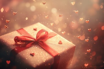 Fototapeta premium A charming gift box adorned with a red ribbon and surrounded by floating hearts, perfect for Valentine's Day.