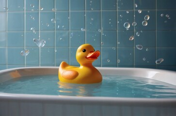 Bright yellow rubber duck floating in tub with water splashes against blue tiles in a bathroom