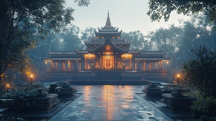 Obraz premium Golden Temple Enveloped in Misty Forest at Dawn