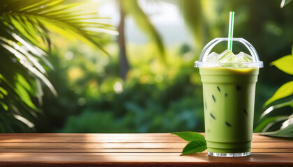 An iced matcha green tea latte in a plastic cup sits on a wooden surface with tropical palm leaves in the background.