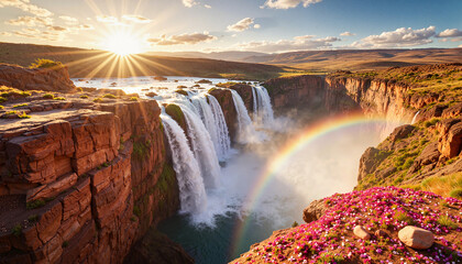 Fototapeta premium Breathtaking waterfall cascading petals in hidden canyon, spring beauty