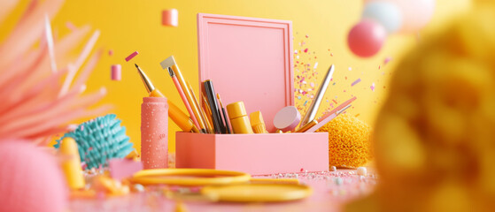 Fototapeta premium Bright and colorful stationery items in pink box, surrounded by playful decorations and textures, create cheerful atmosphere