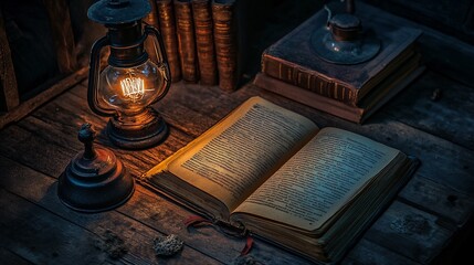 Vintage still life with an open book, old books and oil lamp on a wooden table