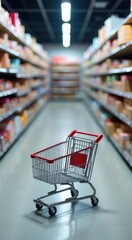 Arafed shopping cart in a grocery store aisle with shelves of goods