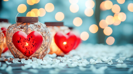 Fototapeta premium Beautiful heart-shaped candles create a warm ambiance for a romantic setting with soft lights and flower petals