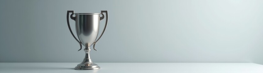 Silver trophy on a white table with a blue background