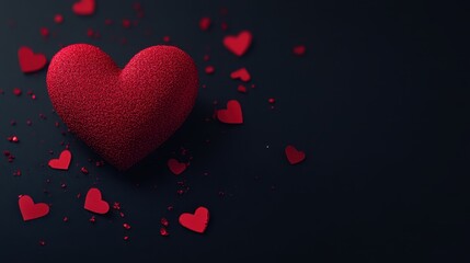 A central red heart is surrounded by multiple smaller hearts against a striking black background.