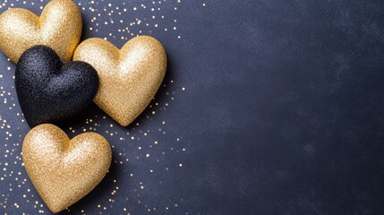 Obraz premium Three elegant gold and black hearts shimmer against a blue background with sparkling gold glitter.