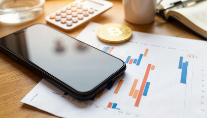 Digital currency balance on phone screen in home office, financial insight