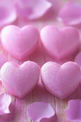 Obraz premium Pink heart-shaped candies with petals on a wooden surface, perfect for Valentine's Day celebrations.