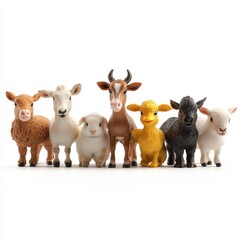 Fototapeta premium Collection of Colorful Toy Farm Animals Including Cow, Goat, Sheep, and Chick, Perfect for Educational Use in Play or Classroom Environments and Child Development Programs