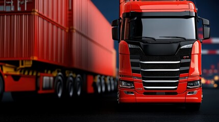 Red Semi-Truck: A sleek red semi-truck with a futuristic design, headlights gleaming, stands ready to transport goods across the country.  