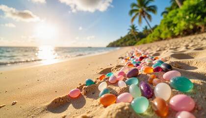 Gemstone beach at sunset, tropical paradise