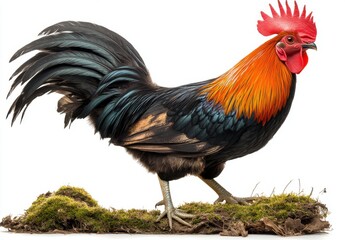 Fototapeta premium Colorful Rooster Standing Proudly on Mossy Ground, Showcasing Vibrant Feathers and Eye-Catching Comb, Perfect for Farm and Nature Themes in Stock Photography