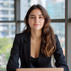 Plakat Confident businesswoman office portrait, city view
