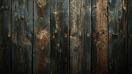Naklejka premium Aged wooden planks with rusty nails and a dark, weathered texture in a vintage style.