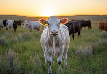 Cow in Pasture at Sunset: A Serene Landscape Depicting Livestock Grazing Amongst Lush Green Grass Beneath Warm Golden Sunlight at Dusk in Rural Setting