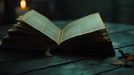 An old open book with yellowed pages on a dark wooden surface in soft lighting