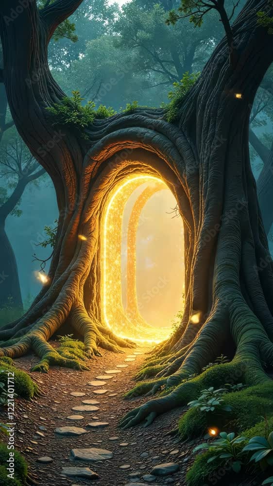 Poster A tree with a hole in it. The hole is lit up with a yellow light. There is a path leading to the hole