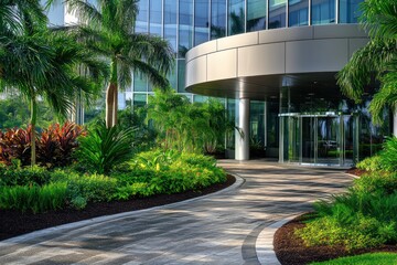 A professional office exterior featuring a curved entrance, expansive glass panels, and lush greenery