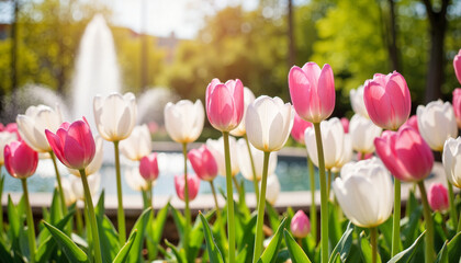 Obraz premium Vibrant tulips blooming in urban park garden, springtime beauty