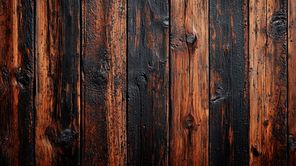 Naklejka premium Dark burnt wooden planks with rustic texture and aged natural patterns in a vintage style.